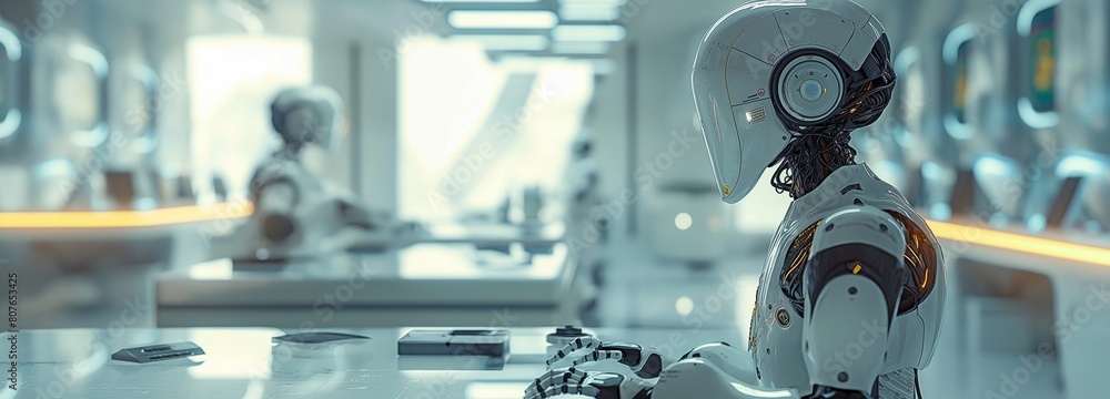A futuristic workspace including AI-powered equipment and robotic assistance. A futuristic workspace including AI-powered equipment and robotic assistance.