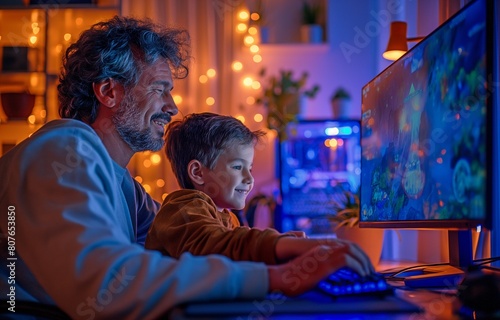 Playing an online computer video game  a happy father and child