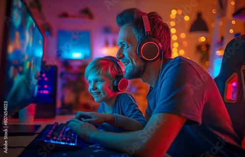 Playing an online computer video game, a happy father and child