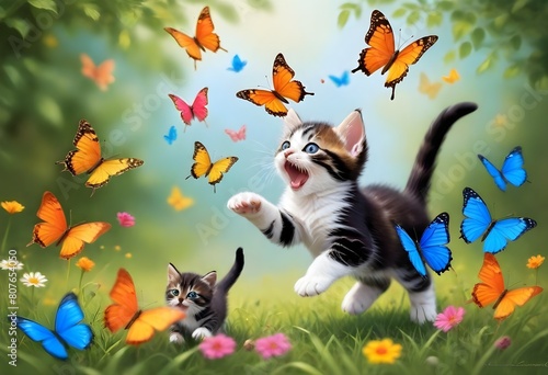 Oil painting playful scene of kittens chasing colo (3) photo