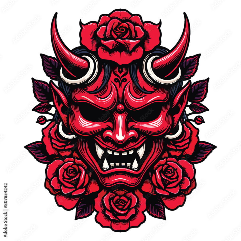 Fototapeta premium Red oni mask with roses vector illustration