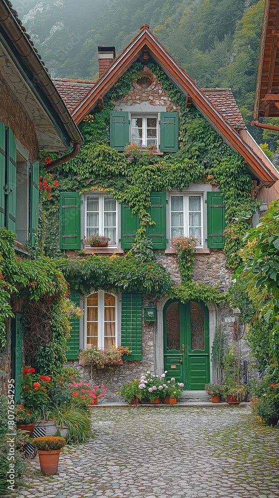 dwelling in a charming Swiss village with green shutters that are encircled by climbing plants