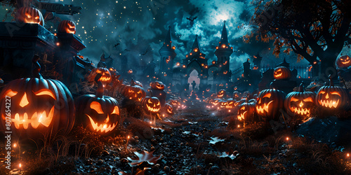 Spooky Halloween Night Pumpkins Bats and Haunted House
 photo