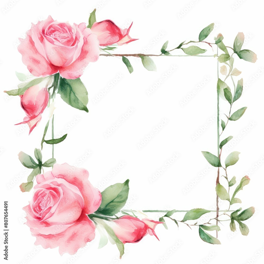 pink rose themed frame or border for photos and text. watercolor illustration, Perfect for nursery art, simple clipart, single object, white color background. Watercolor flowers for design card.