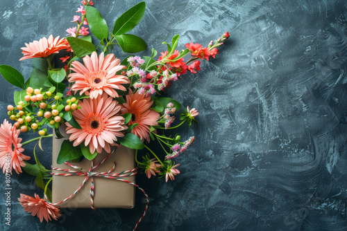 A bouquet of flowers is placed in a brown box on a grey background