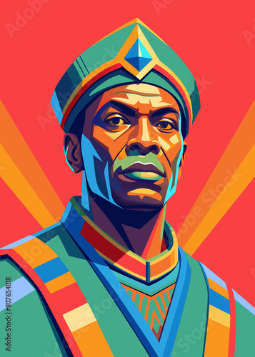 a dignified Angolan man with a commanding presence and eyes that reflect the resilience and determination of his people. His strong, angular features speak of generations of strength