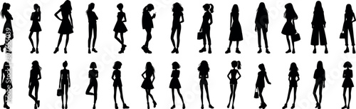 Fashion silhouettes of women in various poses and outfits, depicting girl silhouette in elegant and casual styles. Perfect woman vector for fashion design, illustrations, and business presentations