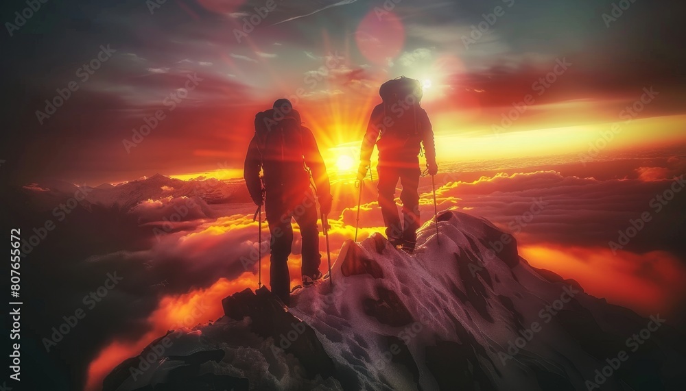 Two climbers reaching mountain summit at sunrise.
