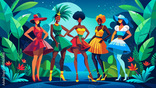 Group photo, Five full-length skinny female models posing. The whole figure is in the frame. Victoria's secret style.