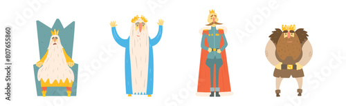 Man King Character with Beard Wearing Crown Vector Set