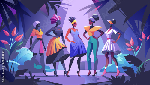 Group photo, Five full-length skinny female models posing. The whole figure is in the frame. Victoria's secret style. The image is a stylized, cartoon-like illustration of a fashion show with several