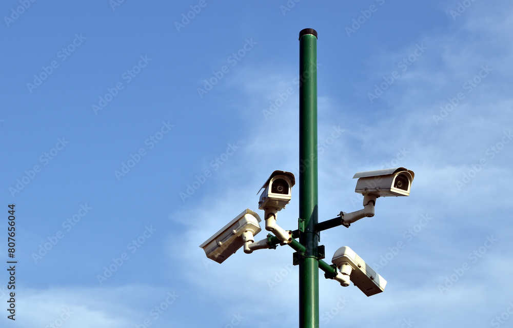 surround security cctv camera on steel post, group of surveillance camera surround security cctv camera on steel post, group of surveillance camera