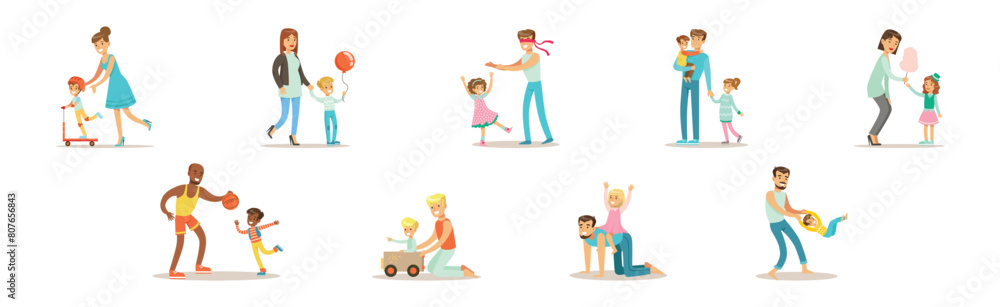 Parents and Their Kids Having Good Time Together Vector Set