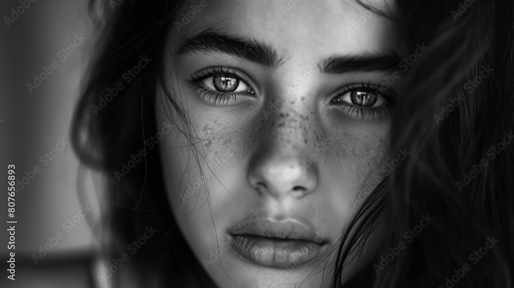 Young woman with freckles, staring directly at the camera, her dark hair tousled and framing her face beautifully. Young woman with freckles, staring directly at the camera, her dark hair tousled and framing her face beautifully.