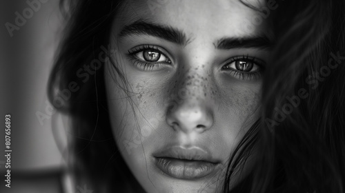 Young woman with freckles  staring directly at the camera  her dark hair tousled and framing her face beautifully.