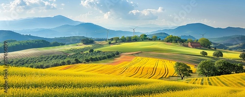 Windmills between agricultural fields with rapeseed plantations on the hills of the province of Tarragona in Spain photo