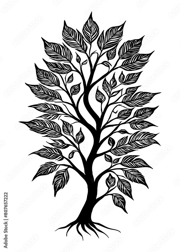 Tree . Black and white botanical pattern. For use in graphics, materials. Abstract plant shapes. Minimalist illustration for printing on wall decorations. Generated by Ai