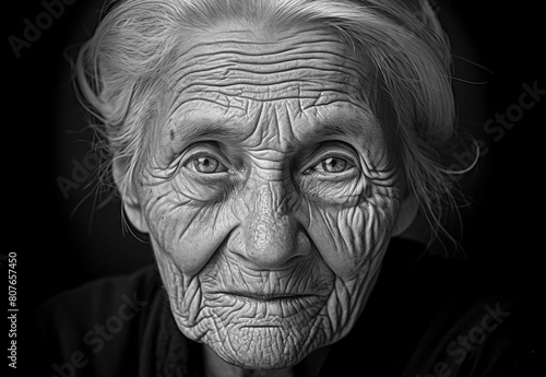 Wallpaper Mural Portrait of an old woman with black background, black and white photography Torontodigital.ca
