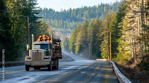 A flatbed truck transporting lumber on a rural road