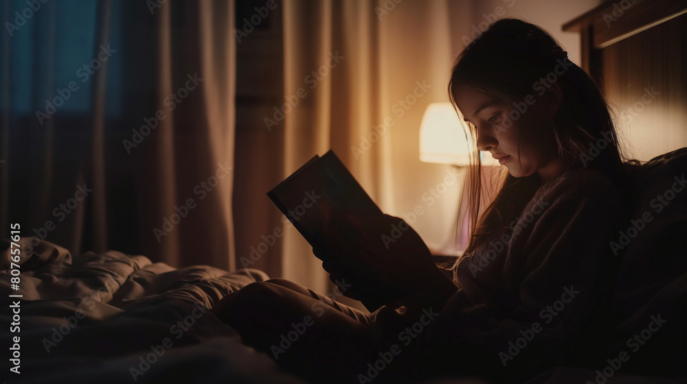 A mother reading a bedtime story to her child, illuminated by the soft glow of a bedside lamp, with shadows casting a sense of intimacy. Dynamic and dramatic composition, with copy A mother reading a bedtime story to her child, illuminated by the soft glow of a bedside lamp, with shadows casting a sense of intimacy. Dynamic and dramatic composition, with copy