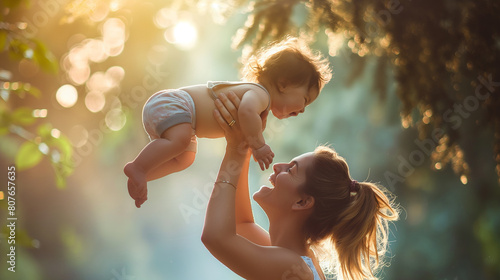 A playful moment between a mother and her toddler, captured in mid-air as they share a joyful embrace, with a blurred background to emphasize their connection. Dynamic and dramatic