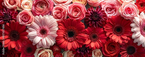 background of colorful red and pink gerber flowers and roses