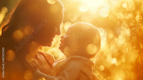 A mother and child sharing a tender moment of laughter and joy, with their faces illuminated by golden sunlight, creating a warm and inviting atmosphere. Dynamic and dramatic compo