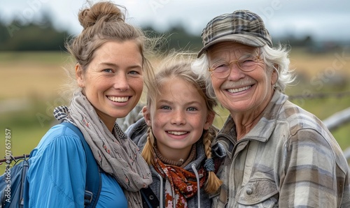 Mother, two daughters and grand parents posing for family picture along a fence. Port Townsend, Washington, USA