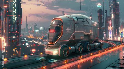 A futuristic self-driving truck navigating a futuristic cityscape