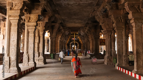 Beautiful View of Pradakshina Hall with Carved Pillars, Sri Rangnatha Swamy Temple, worlds Largest Hindu Living Temple, Srirangam, Tiruchirappalli, Tamil Nadu, India. photo