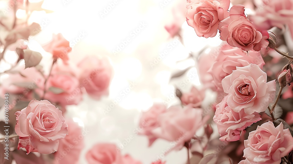 Background of pink roses in soft focus against a white backdrop, creating a dreamy and ethereal atmosphere reminiscent of a fairytale garden.