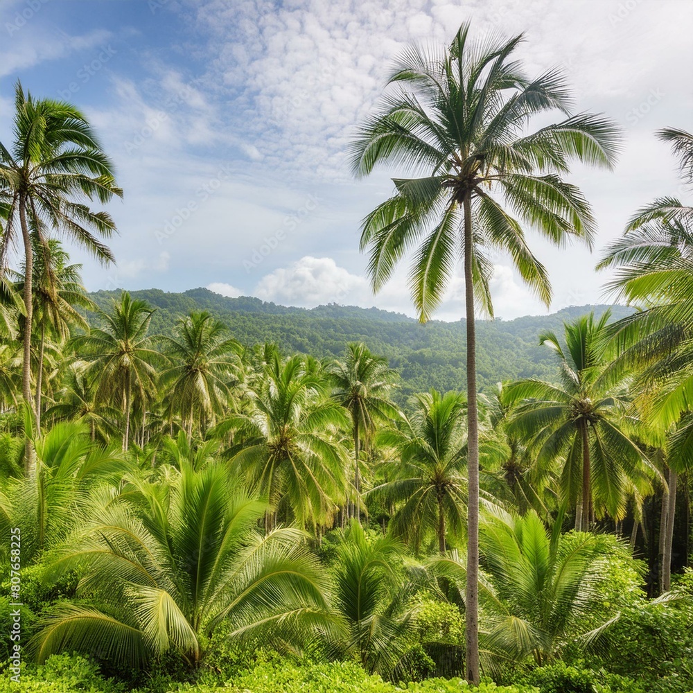 palm trees on the beach,tropical forest with towering palm trees, the lush green foliage that envelops the landscape.