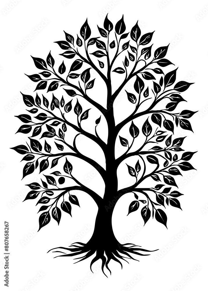 Obraz premium Tree . Black and white botanical pattern. For use in graphics, materials. Abstract plant shapes. Minimalist illustration for printing on wall decorations. Generated by Ai