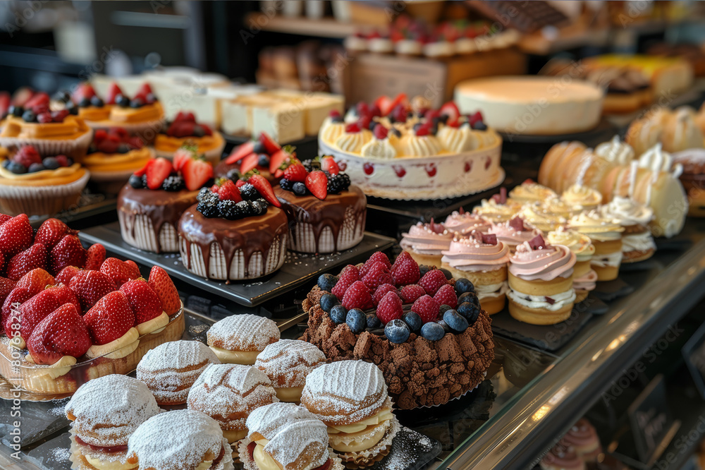 Array of delicate pastries and desserts elegantly displayed in a chic patisserie. AI generated.