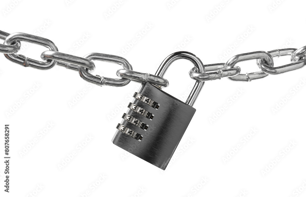Steel combination padlock and chain isolated on white Steel combination padlock and chain isolated on white