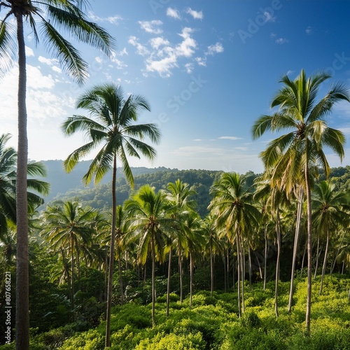 coconut trees,tropical forest with towering palm trees, the lush green foliage that envelops the landscape.