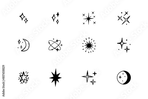 Sparkle star icon set, Vector hand drawn design element.