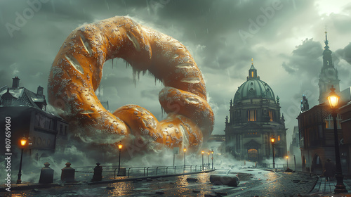 A giant, aggressive pretzel twisting around city lampposts photo