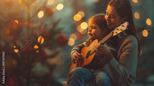 A mother and child bonding over a shared love of music, playing instruments or singing together, with blurred background emphasizing their connection. Dynamic and dramatic composit