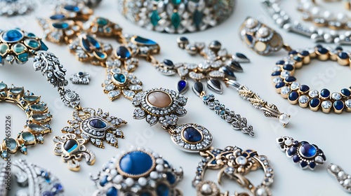 Collection of exquisite jewelry items arranged beautifully on a white background, highlighting their intricate designs.