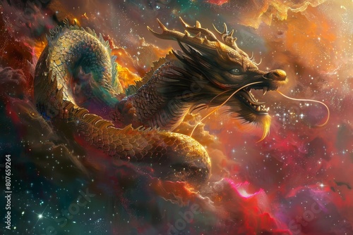 Majestic Golden Dragon Roaring Across a Celestial Nebula with Vibrant Cosmic Energy and Stars