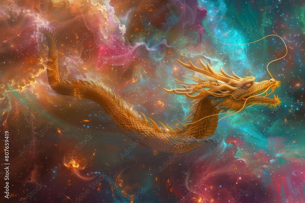 Golden Fire Dragon Spiraling Through a Cosmic Storm of Nebulas and Star Dust
Golden Fire Dragon Spiraling Through a Cosmic Storm of Nebulas and Star Dust
