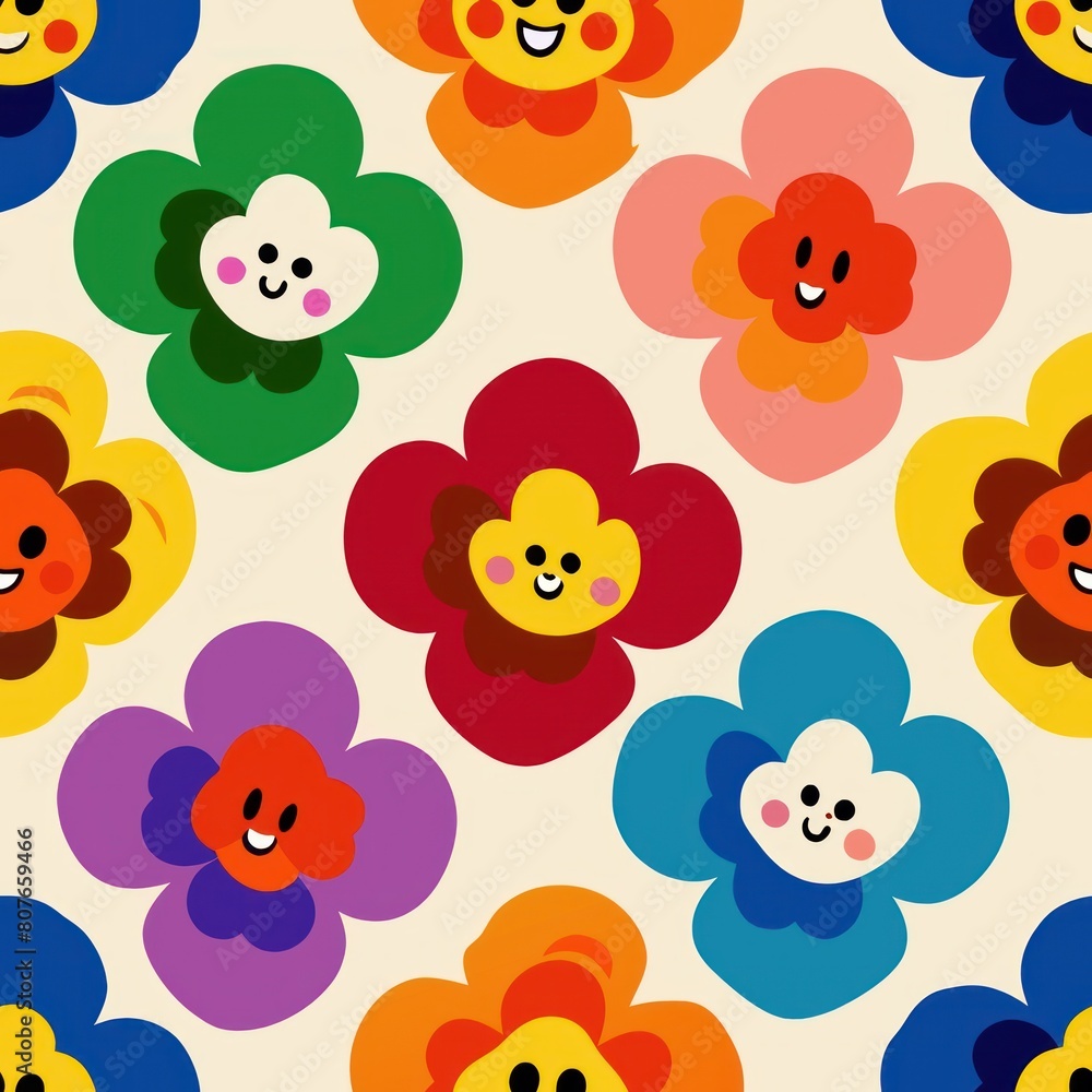 Seamless pattern of cheerful pansies in a rainbow of colors, with distinctive faces on their petals, Generative AI
