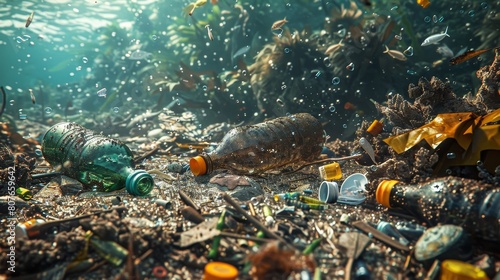 Realistic and raw depiction of plastic bottles and garbage cluttering the ocean floor, emphasizing ecological issues
