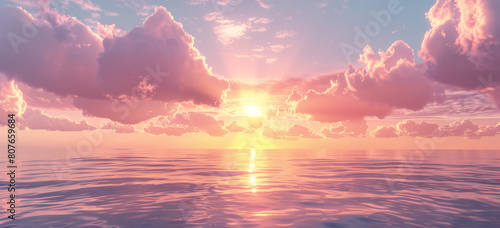 3D rendering of the ocean with a pink and orange sunset sky.