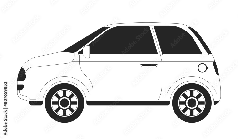 Hatchback car model black and white 2D line cartoon object. Comfortable family automobile. Driving auto isolated vector outline item. Two door transport riding monochromatic flat spot illustration