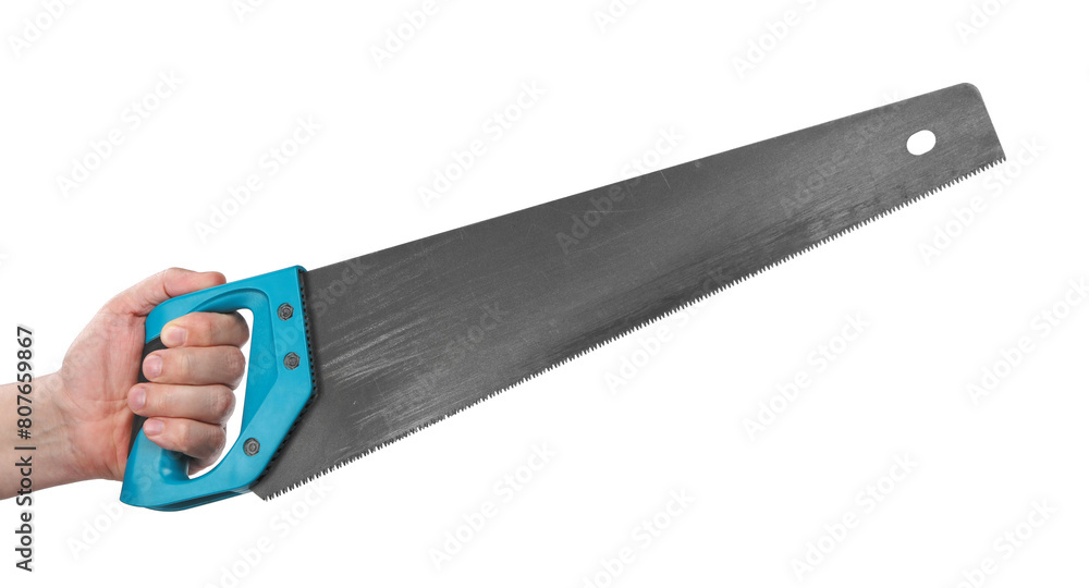 Man holding saw with light blue handle isolated on white, closeup Man holding saw with light blue handle isolated on white, closeup