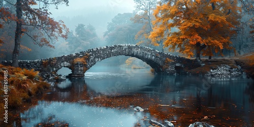 Stone Bridge over River in Atmospheric Autumn setting. Moody Rural Background. photo