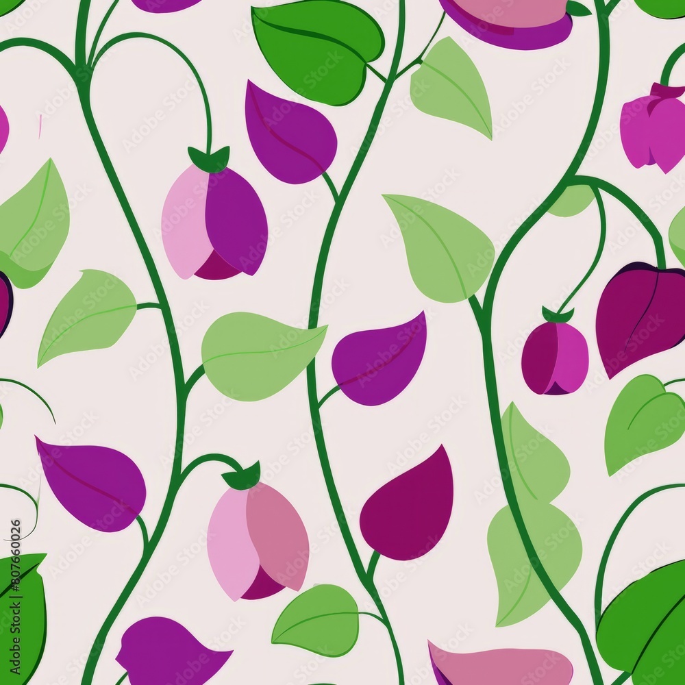 Seamless pattern of delicate sweet peas climbing up trellises in shades of pink, purple, and white, Generative AI