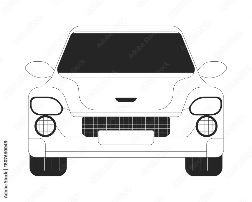 Car model front view black and white 2D line cartoon object. Comfortable auto with dark windshield isolated vector outline item. Driving automobile along road monochromatic flat spot illustration